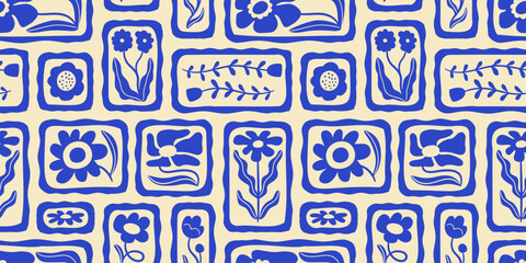 Leinwandbilder - Blue floral seamless pattern illustration. Vintage style flower frame background design. Geometric natural wallpaper print, spring season nature backdrop texture with flowers.