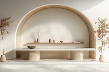 Poster - Modern minimalist interior design featuring an elegant arch and neutral decor in a sunlit space