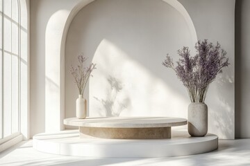 Poster - Modern minimalist interior design featuring an elegant arch and neutral decor in a sunlit space