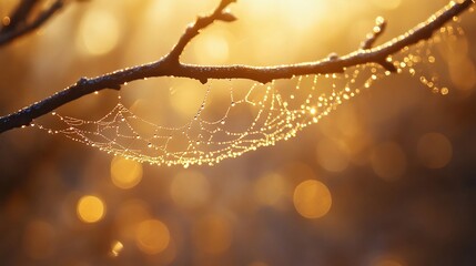 Dew-Kissed Spiderweb, Golden Morning Light Illuminating Nature's Artistry