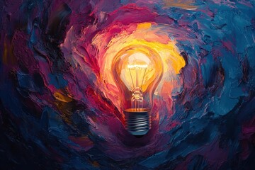 Aufkleber - Bright light bulb surrounded by vivid abstract colors creating a dynamic and modern art piece in a creative studio setting