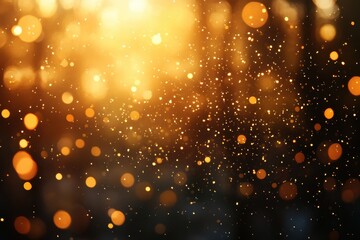Fototapete - Golden bokeh lights create a magical atmosphere in a forest during dusk with scattered sparkles shimmering in the air