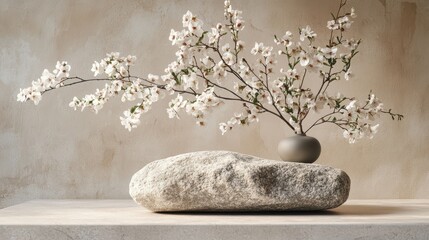 Fototapete - Arrangement of smooth stones with delicate white flowers placed on top in a serene indoor setting during the afternoon light