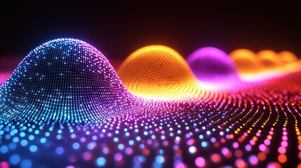 Wall Mural - luminous dot waves undulating orange, pink and blue glowing particles