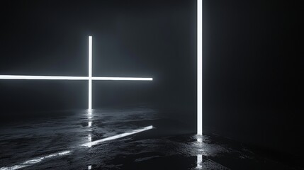 Wall Mural - glowing neon lights are forming a cross shape and a vertical line, illuminating a dark, textured flo