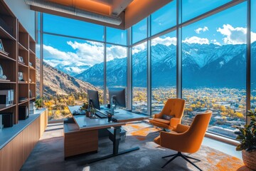 Poster - Office with breathtaking mountain view overlooking a vibrant autumn landscape in the late afternoon light