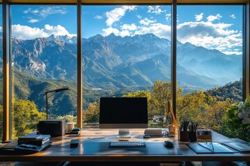 Poster - Office with breathtaking mountain view overlooking a vibrant autumn landscape in the late afternoon light