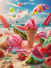 Aufkleber - Enjoying delicious watermelon ice cream and popsicles on a sunny beach with bright skies and cheerful summer activities Generative AI