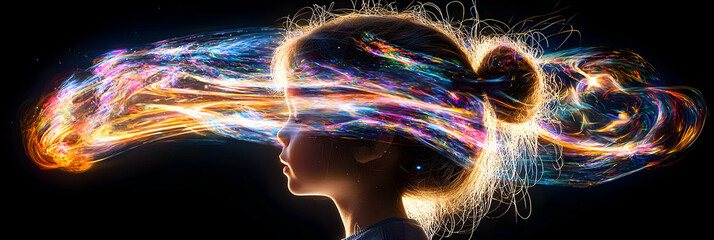 woman profile with colorful light energy burst