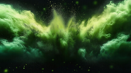 Wall Mural - Dramatic green powder explosion creates a striking visual contrast against a dark black background