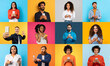 © Prostock-studio - A collection of happy individuals from various backgrounds interact with their smartphones against colorful backgrounds. Each person displays excitement and positivity, showcasing modern lifestyle.