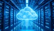 © Marjan - Futuristic data center showcasing cloud technology with digital connections and server racks illuminated in blue tones.