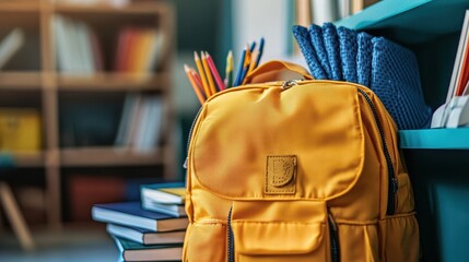 Aufkleber - Bright yellow backpack sits next to stacks of books in a cozy study environment during afternoon light