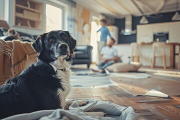 Fototapete - Family home renovation with kids and pets creating a lively atmosphere during their project Generative AI