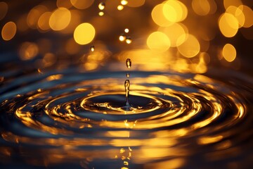 Poster - Water droplets create ripples at sunset, showcasing vibrant colors and sparkling reflections on the surface