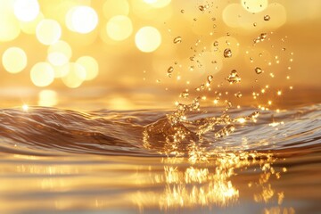 Poster - Water droplets create ripples at sunset, showcasing vibrant colors and sparkling reflections on the surface