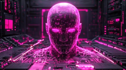 Pink digital humanoid head amidst circuitry. Futuristic, glowing, technological