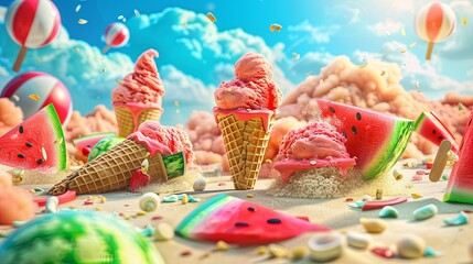 Aufkleber - Colorful watermelon ice cream treats under the sunny sky great for summer fun at the beach Generative AI