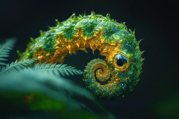 Poster - Unique green creature resembling a spiraled caterpillar among ferns in a lush environment captured during daylight hours