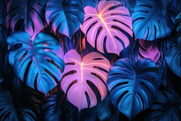 Aufkleber - Vibrant tropical leaves illuminated with purple and blue lighting, creating a captivating atmosphere in an indoor setting