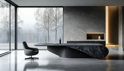 Poster - Contemporary office interior featuring a sleek black desk and elegant chair with panoramic windows overlooking a tranquil winter landscape