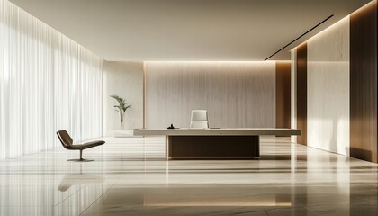 Poster - Contemporary office interior featuring a sleek black desk and elegant chair with panoramic windows overlooking a tranquil winter landscape