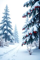 Wall Mural - Snowy forest branches isolated on white background with frost and berries, winter, landscape, snowy trees