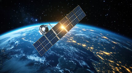 a satellite orbits the blue earth surrounded by a dark starry background