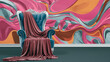 © AlladittaAzfal - Stylish velvet armchair draped in a flowing fabric against a vibrant abstract wallpaper