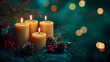 © +27.000 BOU - Candlelight Serenity: Five lit candles cast a warm, inviting glow, nestled among pine branches, berries, and pine cones, creating a tranquil and festive atmosphere.