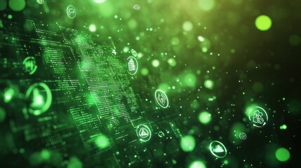 An abstract digital illustration shows green glowing data icons floating