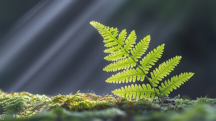 Wall Mural - Sunlit fern leaf on moss, forest light rays, soft focus, natural beauty