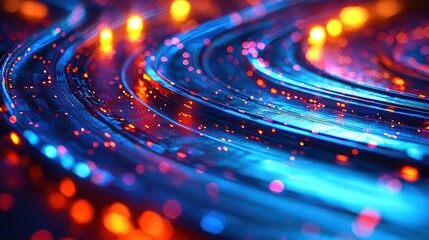 Wall Mural - swirling blue ribbons with red and golden light bokeh