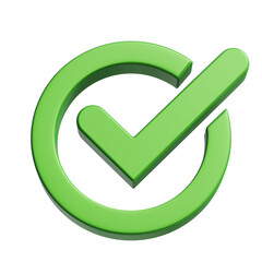 Poster - Green 3d check icon, checklist tick, done mark. Realistic plastic style checkmark, symbol of selection, confirmation or approval. Green circle and tick. Yes button for web design or app