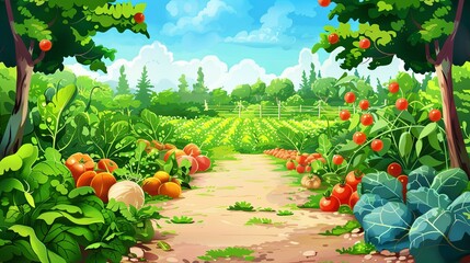 Poster - Organic garden with diverse vegetables and fruits grown naturally and chemical-free in a sunny landscape Generative AI