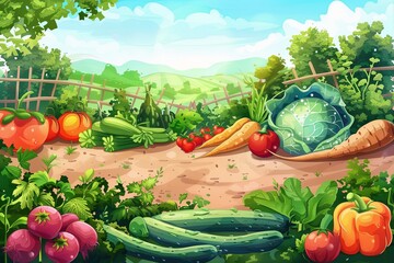 Poster - Vibrant organic garden showcasing a rich variety of vegetables and fruits grown without chemical fertilizers Generative AI