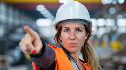 Aufkleber - female site supervisor wearing hard hat and safety vest is confidently pointing forward in industrial setting, emphasizing leadership and direction