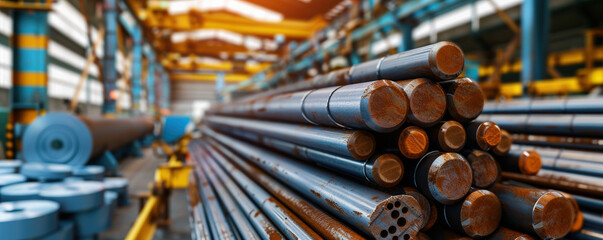Poster - Steel rods and sheets are stacked in modern factory, showcasing industrial precision and efficiency. vibrant colors and lighting highlight organized arrangement of materials