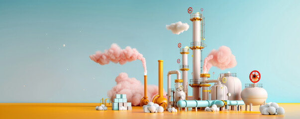 Poster - stylized illustration of natural gas refinery with tall processing units and pipelines, set against vibrant sky. scene includes clouds and industrial elements, creating surreal atmosphere