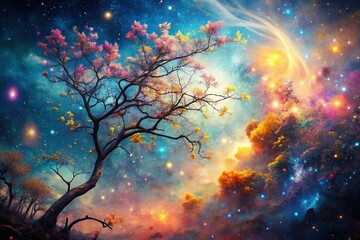 Wall Mural - celestial double exposure: dreamy galaxy meets serene nature