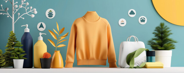 Aufkleber - vibrant display features yellow sweater surrounded by eco friendly products, including reusable bottles, plants, and sustainable packaging, set against colorful backdrop