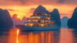 © zulvida - Luxurious cruise ship at sunset over tranquil bay