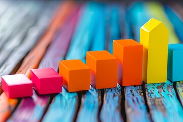 Poster - Soaring inflation trend shows economic growth with colorful upward graph on textured wooden background Generative AI