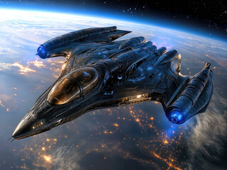 Wall Mural - A stunning spacecraft glides gracefully above Earth, its dark and shiny surface reflecting lights from cities below.