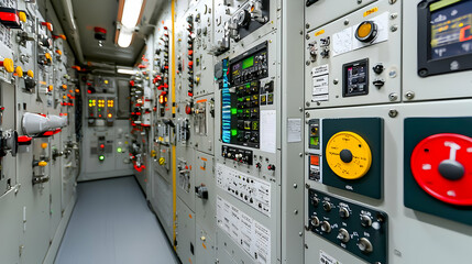 Complex Control Panel Arrangement with Illuminated Displays and Buttons in Industrial Interior