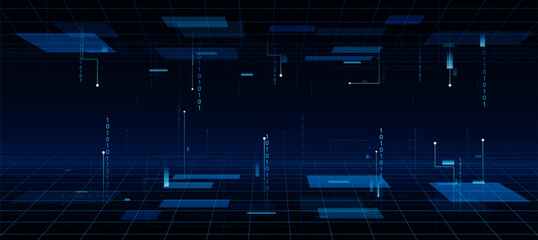 Blue grid and binary coding black background. cyber security concept