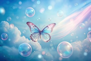 Wall Mural - Serene Butterfly Soaring Through a Dreamlike Sky Filled with Sparkling Bubbles