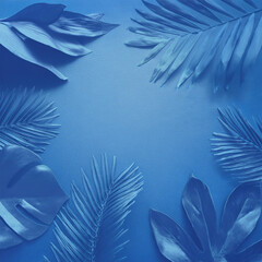 Wall Mural - Monochromatic Blue Tropical Leaves on Textured Background Generated Image