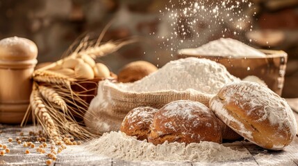 Poster - Explore the art of bread making with flour and dough in a traditional kitchen setting Generative AI