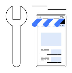 Large wrench beside digital storefront interface with awning. Ideal for tools, repair, online business, e-commerce, maintenance, customization, marketing. Flat simple metaphor